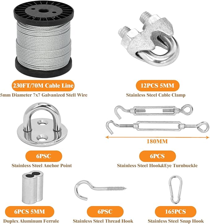 230FT Batting Cage Cable Kit for 55FT, 5mm Stainless Steel Batting Cage Netting Wire Tension Hanging Kit for DIY Baseball and Softball Hitting Tunnels