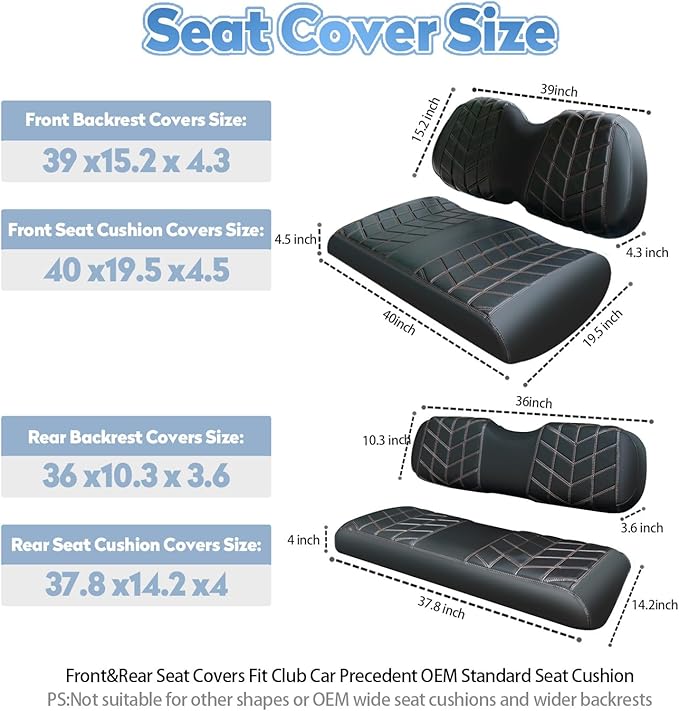 4PCS Golf Cart Seat Covers Kit, Front and Rear Seat Covers,Vinyl Seat Covers Accessories, No Staples（Black&Brown Stitch） (Fits Club Car Precedent)