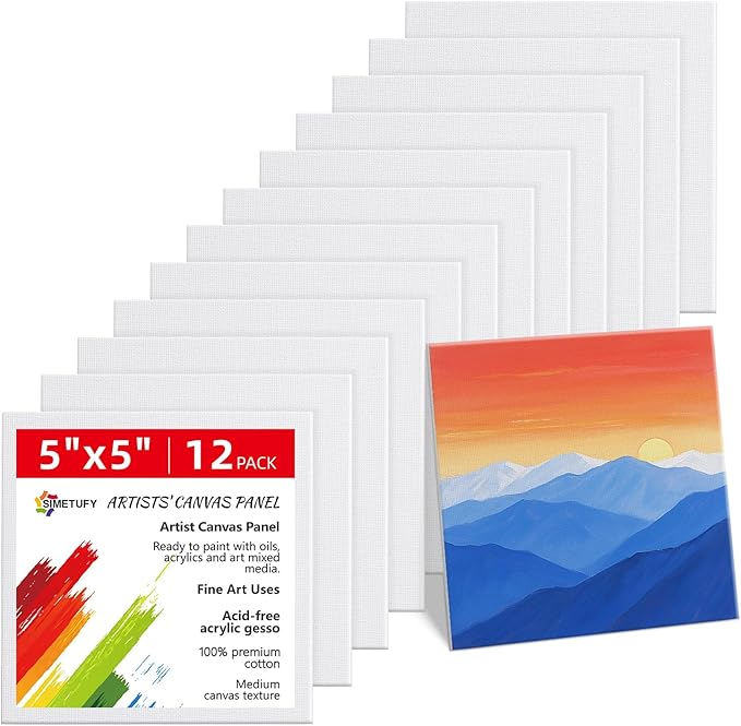SIMETUFY 5x5 inch 12 Pack Mini Canvas Boards Primed Acid Free Mini Canvas Panels by Simetufy