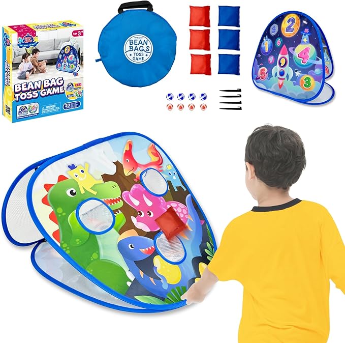 2 in-1 Dinosaur and Spaceship-Themed 27-inch Bean Bag Toss Game Set by GripKids-OutdoorGameToy