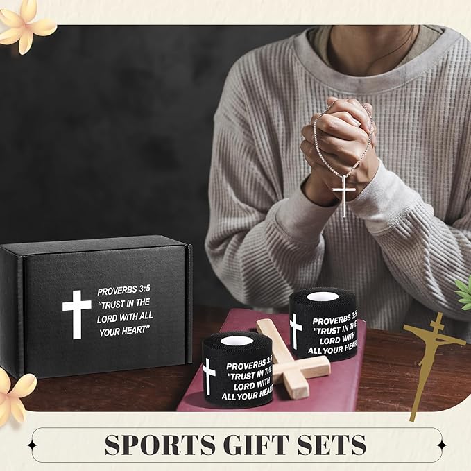 TrelaCo 4 Pack Christian Sports Gift Set with Athletic Tape Sport Socks Cross Necklace Gift Boxes Religious Soccer Socks