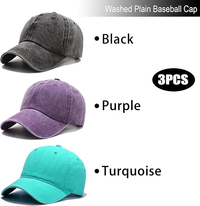 3 Pack Washed Plain Vintage Baseball Cap Cotton Adjustable Twill Bulk Low Profile Classic Dad Hat for Men/Women
