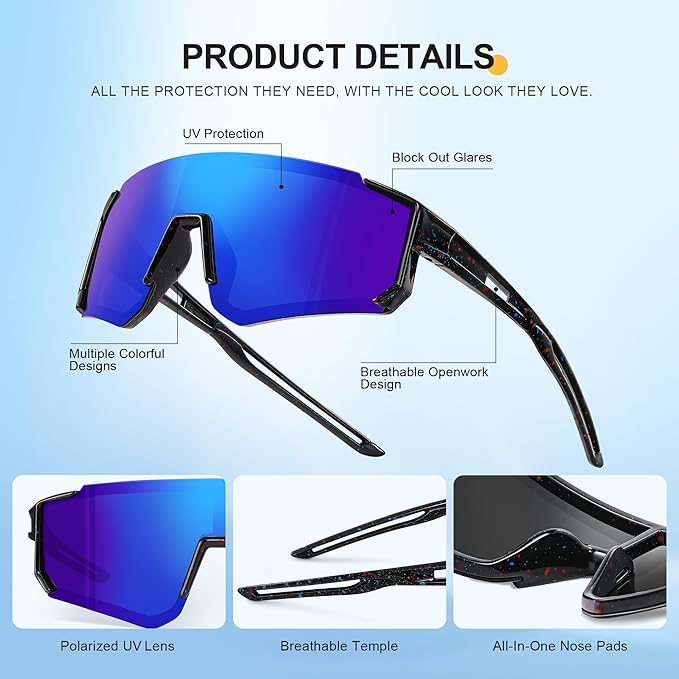 3PACK Kids Sunglasses Youth Baseball Sunglasses for Boys Girls Age 4-12,Softball Sports Cycling Goggles UV Protection