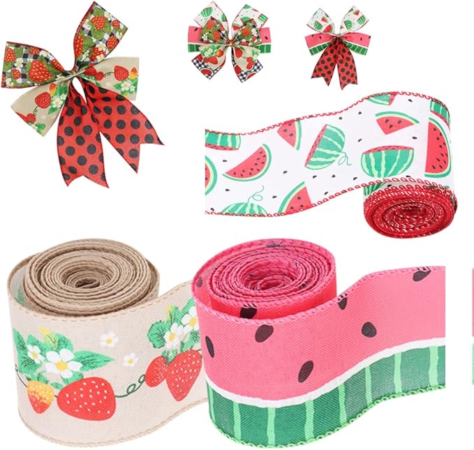 2.5" Watermelon and Strawberry Ribbon, Summer Craft Wire Edged Ribbon, Polka - Image 2