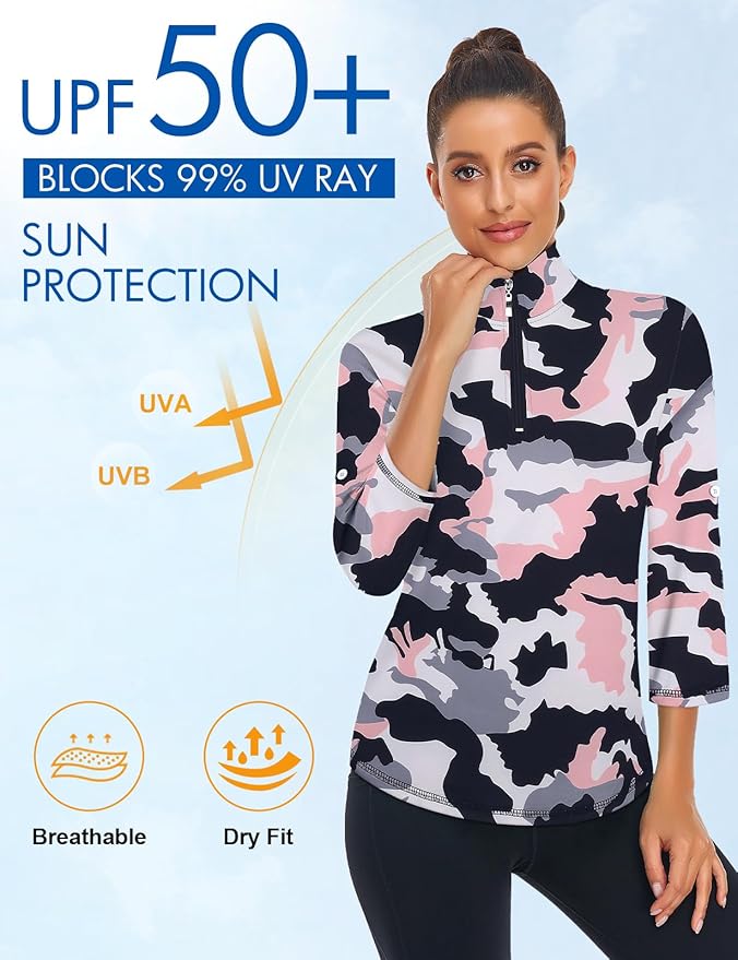 Koscacy Women's 3/4 Roll Sleeve Golf Tennis Polo Shirts UPF50+ Half Zip Dry Fit Workout Tops Athletic Shirt