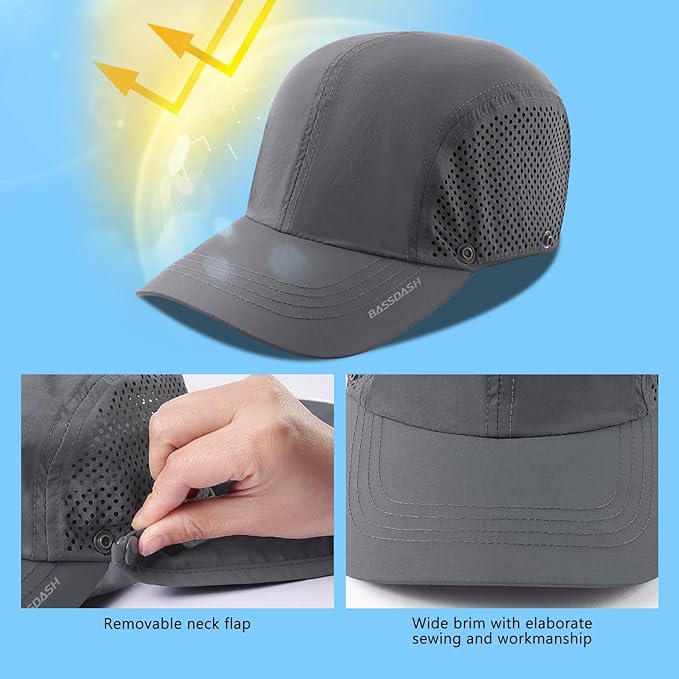 BASSDASH UPF 50+ Foldable Fishing Hat Baseball Cap with Removable Neck Flap Portable for Men Women Golf Hiking