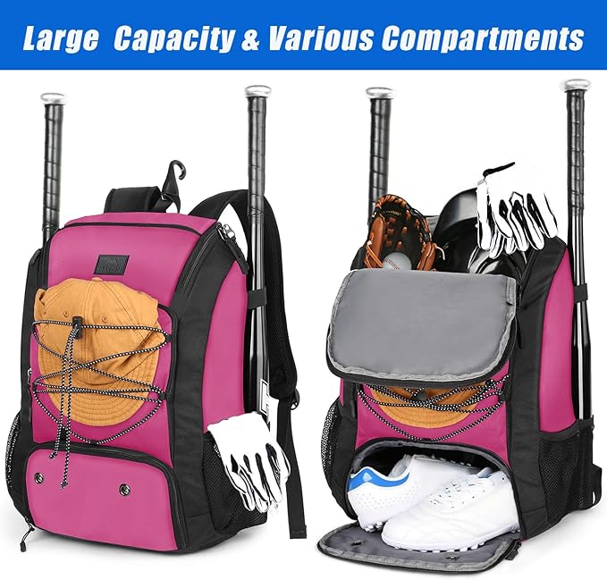 MATEIN Baseball Backpack, Softball Bat Bag with Shoes Compartment for Youth, Boys and Adult, Lightweight Baseball Bag with Fence Hook Hold TBall Bat, Batting Mitten, Helmet, Caps, Teeball Gear