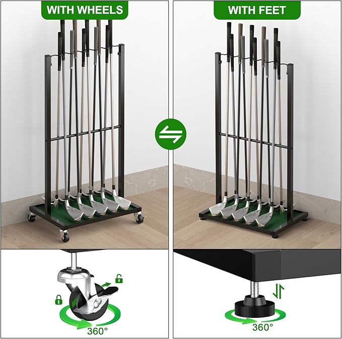 Golf Club Holder Floor Stand Golf Putter Stand with Wheels for 10 Clubs, Solid Metal Golf Club Organizer, Golf Club Storage Rack Cart for Garage Home Office, Indoor and Outdoor Use, Black