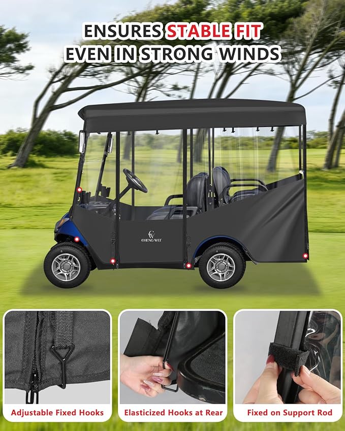 Golf Cart Enclosures 4 Passenger,Golf Cart Cover for Yamaha Long Roof 2+2 Seater,Waterproof 600D Driving Rain Cover,Roll Up 4-Sided Clear Windows&Door,Yamaha Golf Cart Accessories