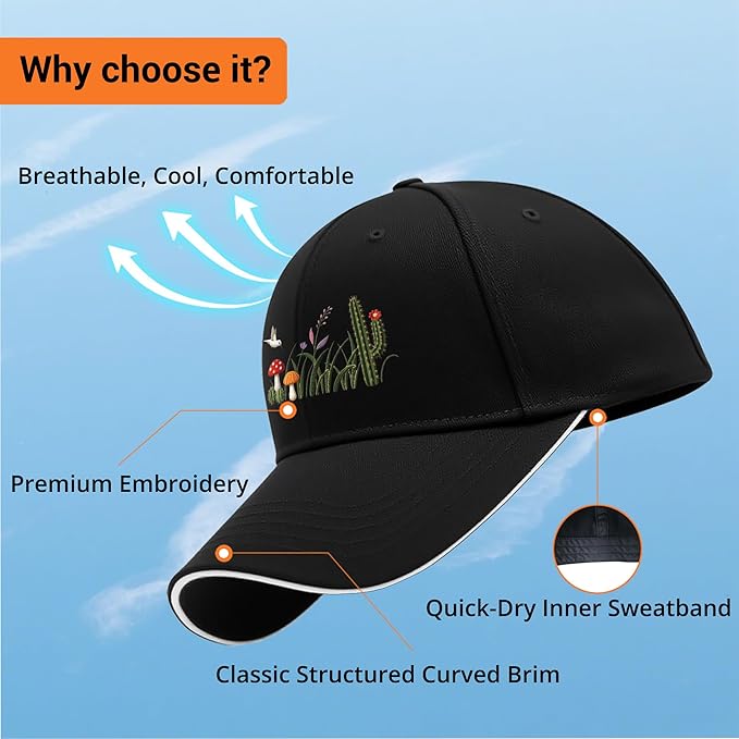 Embroidered Baseball Cap for Men Women, Breathable Cotton Adjustable Hat, Various Patterns for Casual Daily Outfits