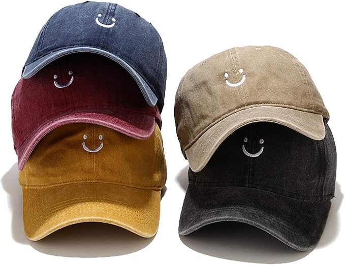 Smile Face Baseball Cap Vintage Distressed Low Profile Unstructured Cotton Dad Hat Adjustable for Women Men