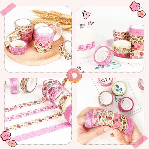 12 Rolls Donut Washi Tape Set, Candy Donuts Stars Masking Tapes, Cartoon Craft - Image 6