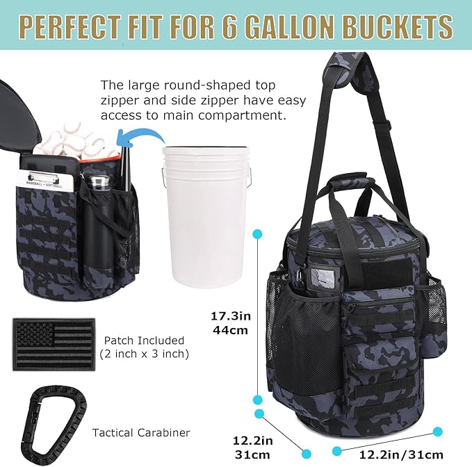 Baseball Bucket Bag Baseball Coaching Accessories Organizer Tactical Style Softball Bucket Bag with Anti-Slip Bottom, Multiple Pockets for Bat, Gloves, Scoreboards