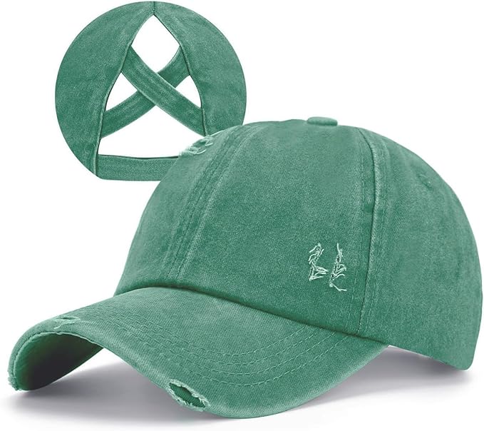 Criss Cross Ponytail Hat Women Washed Distressed Baseball Caps Adjustable High Messy Bun Ponycap