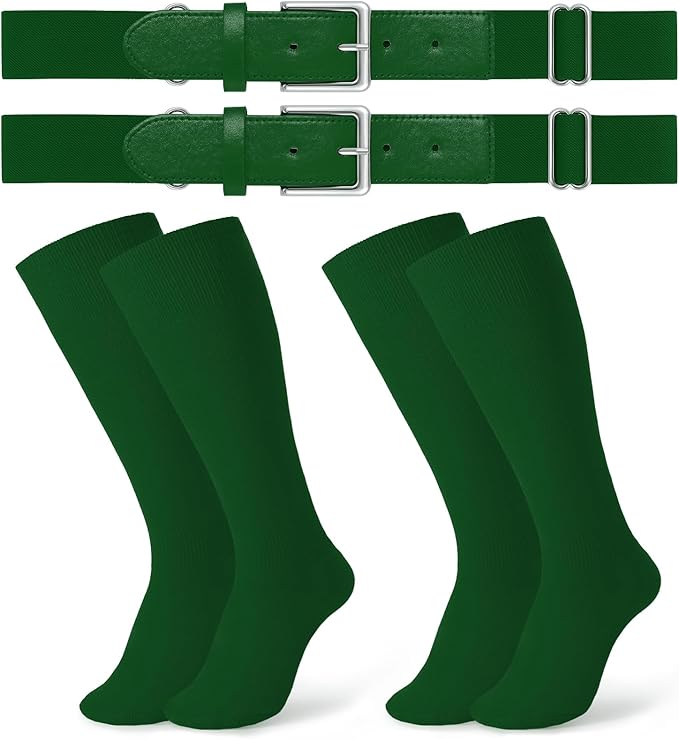 JASGOOD 2 Pack Baseball Socks and Belt Combo Set Softball Socks and Belts Elastic Waist Belt for Youth and Adult Boys