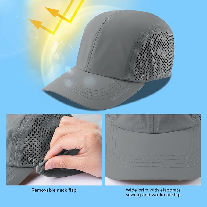 BASSDASH UPF 50+ Foldable Fishing Hat Baseball Cap with Removable Neck Flap Portable for Men Women Golf Hiking