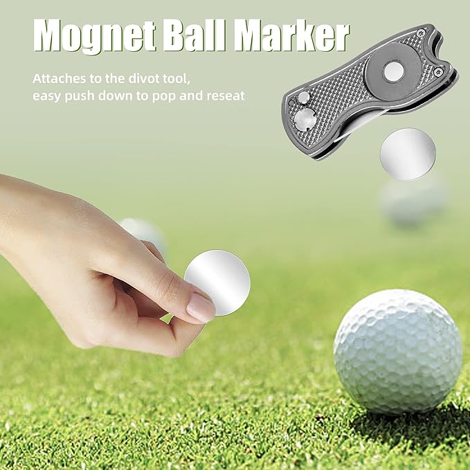 Mile High Life Golf Divot Repair Tool, All Metal Foldable Divot Tool with Pop-up Button & Magnetic Ball Marker, 2-6 Pack