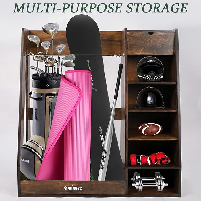 WINGYZ Premium Birch Plywood Golf Bag Storage for 2 Bags | 36lb Rock-Solid Golf Bag Organizer | 7-Shelf Command Center | Artificial Turf 12-Ball Display | No Wall Mounting Required (Brown)