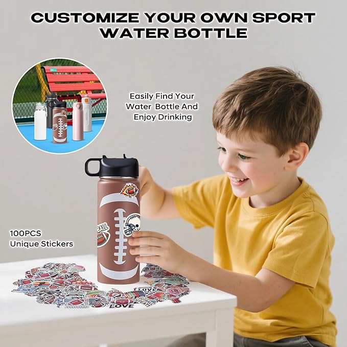 Football Water Bottles for Boys 18 oz and 100 PCS Football Stickers Sports Insulated Stainless Steel Water Bottle Footballs Accessories Stuff Gear Gifts For 8-12 12-14 Player