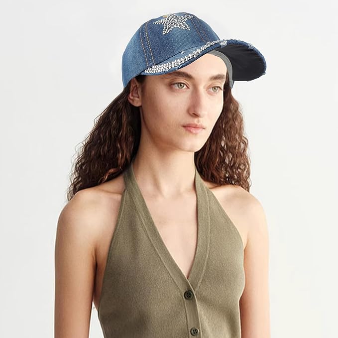 Hoce Fashion Rhinestone Denim Baseball Cap Studded Bling Hat for Women