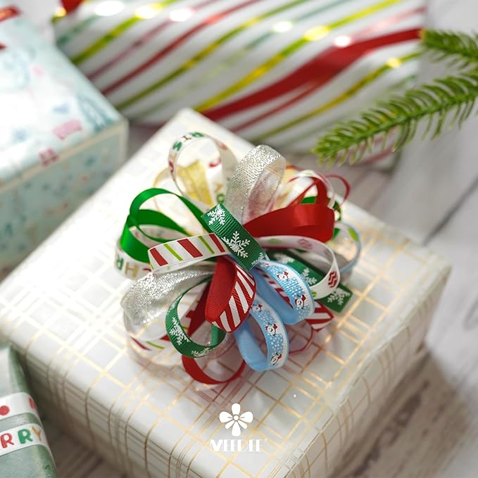 MEEDEE Christmas Ribbon 3/8 inch Thin Holiday Ribbon Set in Red, Xmas Wreath - Image 8