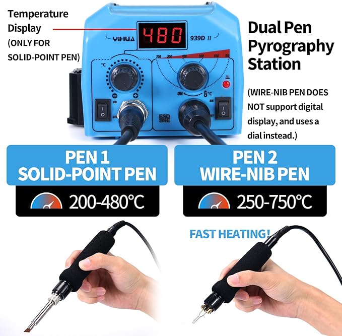 YIHUA 939D-II Pyrography Pen Wood Burning Kit Station 2-in-1 Solid-Point - Image 2