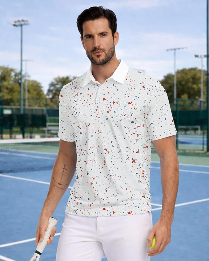 KUYIGO Mens Polo Shirt Quick Dry Moisture Wicking UPF 40+ Performance Printed Short Sleeve Summer Tennis Golf Shirt