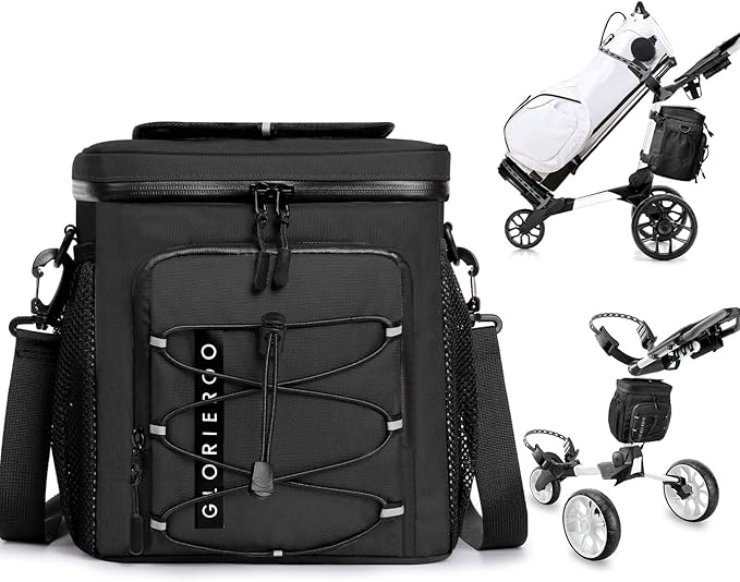 Golf Cart Cooler Bag Insulated - 12-Can Leakproof Soft Cooler Bag with Hook-and-Loop Lid, Waterproof Zippers, and Multi-Pockets for Accessories; Fits on Golf Push Cart