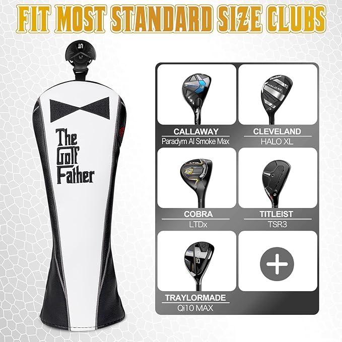 The Golf Father Funny Golf Club Covers, Driver Fairway Wood Hybrid Headcover, Mallet Putter Covers Blade Headcovers Putter Cover Magnetic, Black and White Color Iron Covers for Most Brands