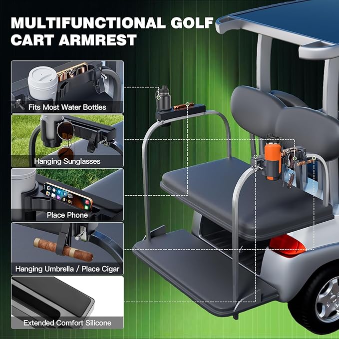 2026 Upgraded Golf Cart Armrest with Cup Holder Rear Seat Arm Rest, Universal Fit for EZGO/Yamaha/Star/Club Car, Golf Cart Arm Bracket with Phone Holder, Fit 0.75''-1.75'' Round/Square Tube