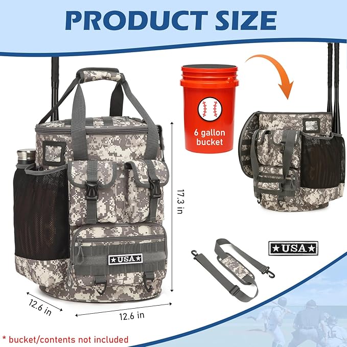 Baseball Bucket Bag - Baseball Coaching Accessories Organizer, Softball Bucket Bag with Insulation Pocket, Anti-Slip Bottom for Bat, Gloves, Scoreboards
