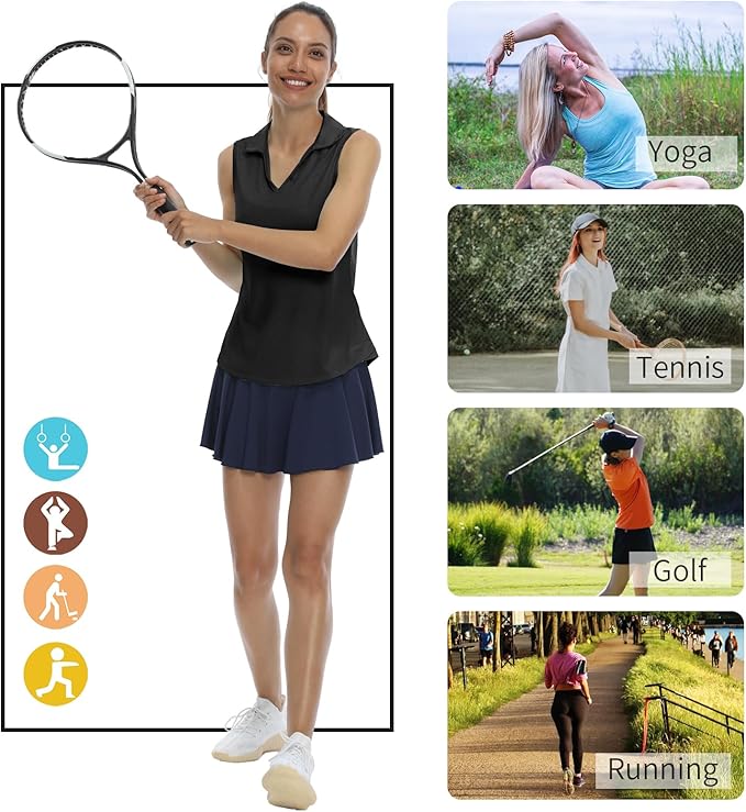 LastFor1 Women's Sleeveless Polo Golf Shirts Quick Dry 50+ UV Protection V-Neck with Collar Lightweight Tennis Tank Tops