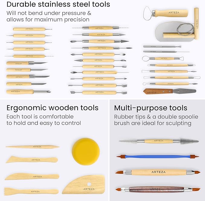Arteza Pottery & Polymer Clay Tools, 42-Piece Sculpting Set, Steel Tip Tools - Image 2