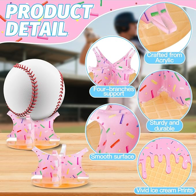Ice Cream Baseball Holder for Balls - Novelty Baseball Display Stand for Souvenirs & Autographed Balls - Cute Desktop Baseball Case Decor for Boys Room & Kids Gifts, Single Ball Support