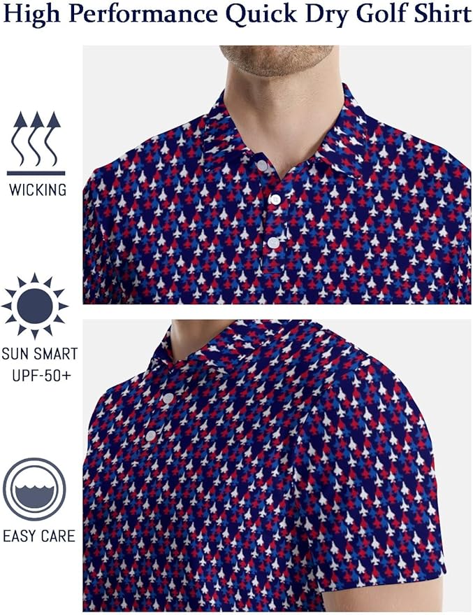 HUURAY Funny Golf Polos for Men Funny Print Short Sleeve Shirts Quick Dry Polo Shirts Hawaiian Shirt Performance Golf Outfits