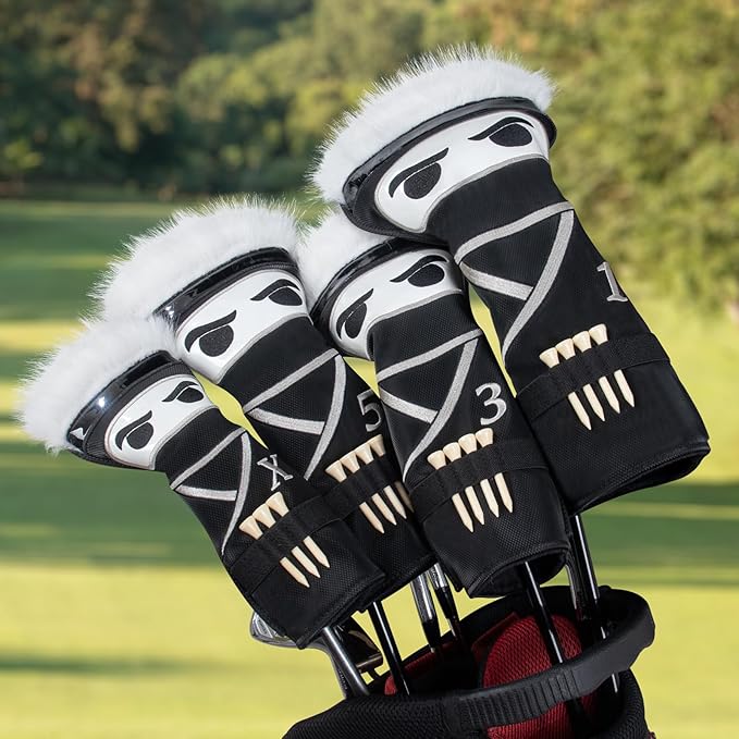 mytag Ninja Golf Club Covers for Woods and Driver, Golf Driver Cover 3 Wood Headcover Hybrid Headcover with Golf Tee Holder, Embossed Synthetic Leather