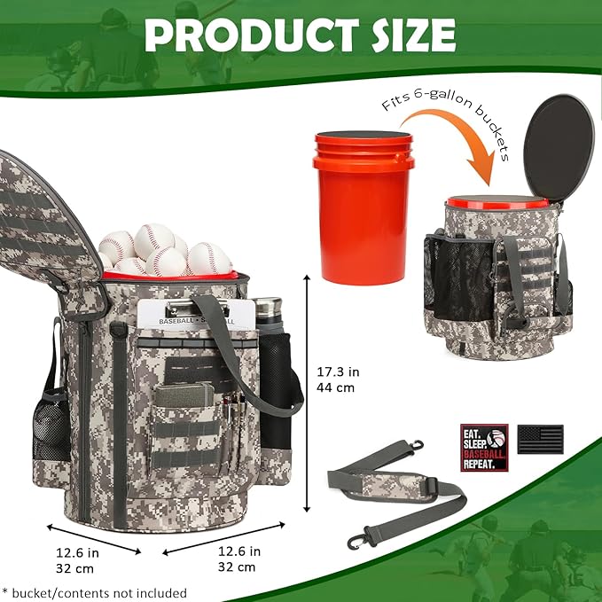 Baseball Bucket Bag Baseball Coaching Accessories Organizer Softball Bucket Bag with Anti-Slip Bottom & Multiple Pockets for Bat, Gloves, Scoreboards