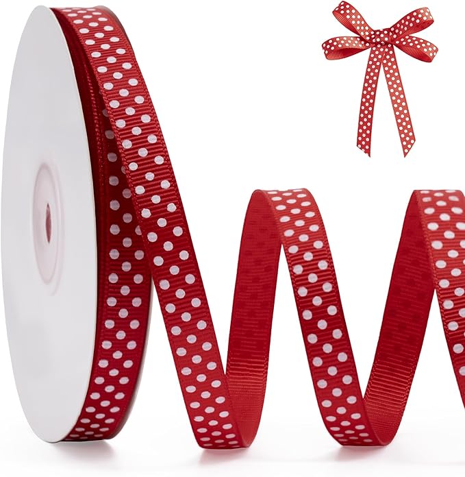 Polka Dot Grosgrain Ribbon 3/8 Inch, 25 Yards Spool Red and White Dot Craft by FAKILO