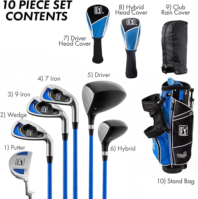 PGA Tour Youth Golf Club Set for Ages 5-15+ (3’5”-5’10”), Right and Left-Handed Kids Golf Sets – Beginner Junior Golf Clubs with Lightweight Stand Bag, Mallet Putter, Hybrid, Driver