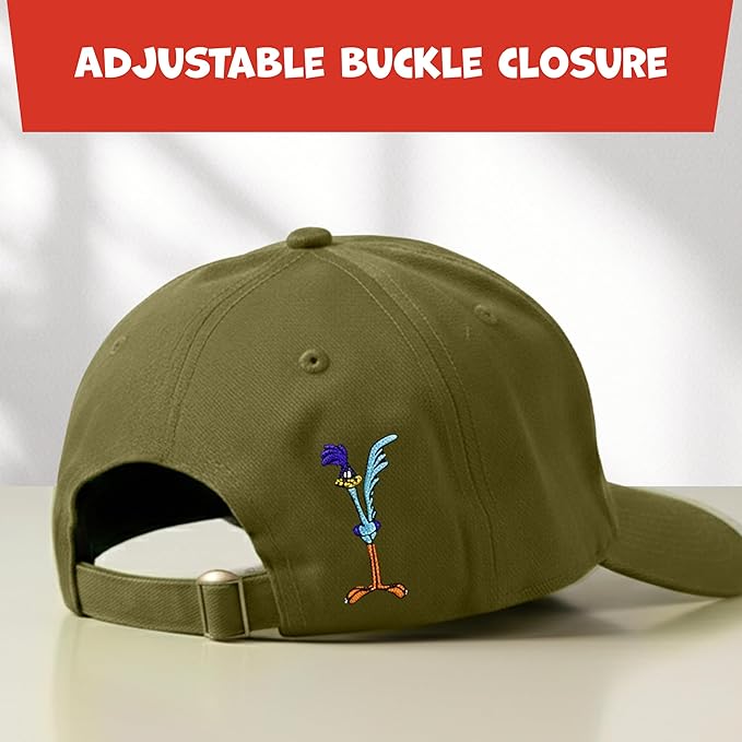 Looney Tunes Baseball Cap, Wile E. Coyote and Road Runner Adult Adjustable Cotton Dad Hat with Curved Brim for Men and Women, Olive, One Size