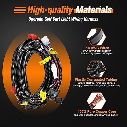 Upgrade Golf Cart Light Wire Harness for Club Car DS&EZGO TXT RXV&Yamaha Models, 12V Universal Golf Cart Headlight Taillight Harness with Fuse, Plug and Play