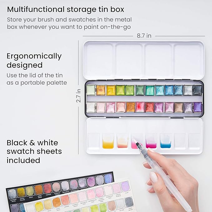 ARTEZA Watercolor Paint Set, 24 Metallic Watercolor Paints, Glitter Watercolor - Image 4