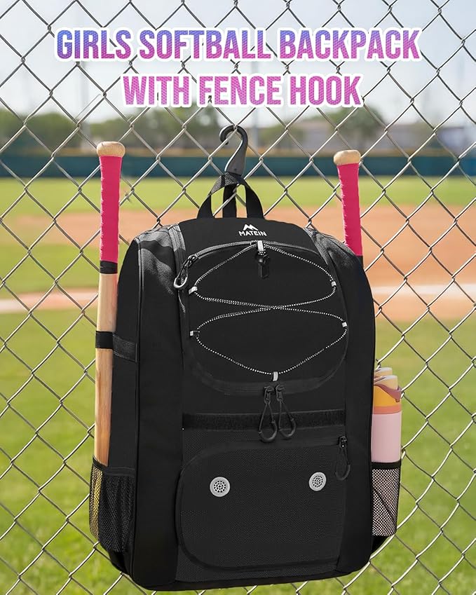 MATEIN Softball Bag, Lightweight Baseball Backpack with Shoe Compartment, Baseball Bag with Fence Hook for TBall Bat & Equipment, Softball Gifts Catchers Backpack for Women Fit Catcher’s Mitt, Helmet