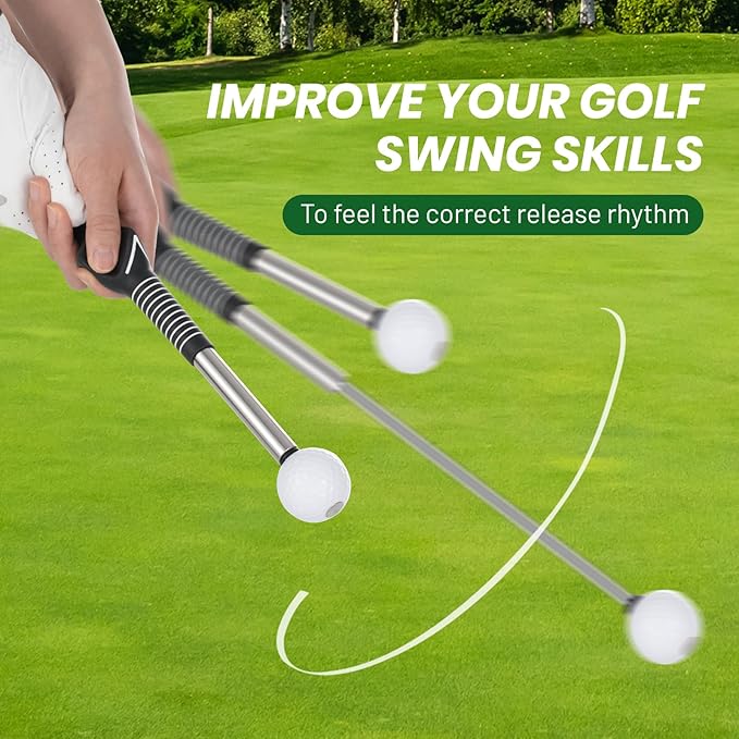 5-in-1 Retractable Golf Swing Trainer, Training Aid with Grip Trainer, Swing Mechanics for Beginners & Tempo Training for Advanced, Click Feedback, Arm Connection, Right/Left-Handed, Indoor/Outdoor