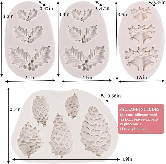 4PCS Christmas Fondant Molds, Christmas Holly Leaves Bells Pinecone Silicone - Image 4