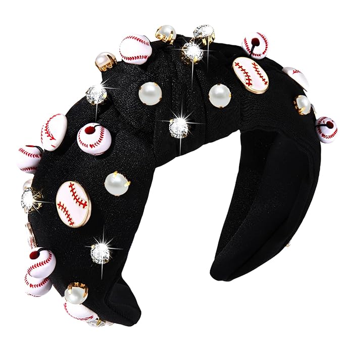 Baseball Headband for Women Baseball Accessories Beaded Crystal Pearl Knotted Headbands Baseball Charm Embellished Headbands Wide Top Knot Sports Game Day Headband Gifts (Black)