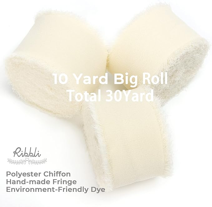 Ribbli Ivory Chiffon Ribbon 1-1/2 inch x 30 Yard Handmade Fringe Chiffon Ivory - Image 2
