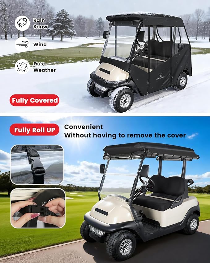 2 Passenger Golf Cart Enclosure for Club Car Precedent 2 Seater, 600D Waterproof Driving Rain Cover with Full Roll Up Clear Windows & Doors, Heavy Duty Zippers & Side Mirror Openings