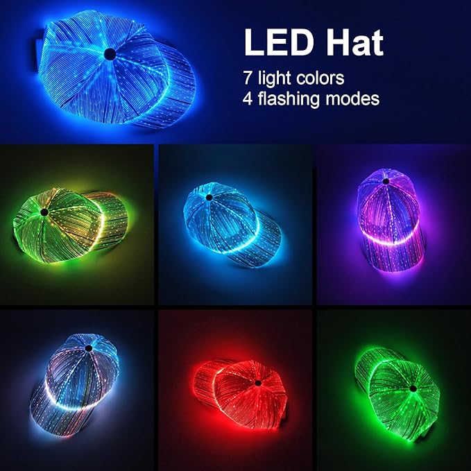 Ruconla Fiber optic cap LED hat with 7 colors luminous glowing EDC baseball hats USB Charging light up caps even party led crazy cap for event holiday