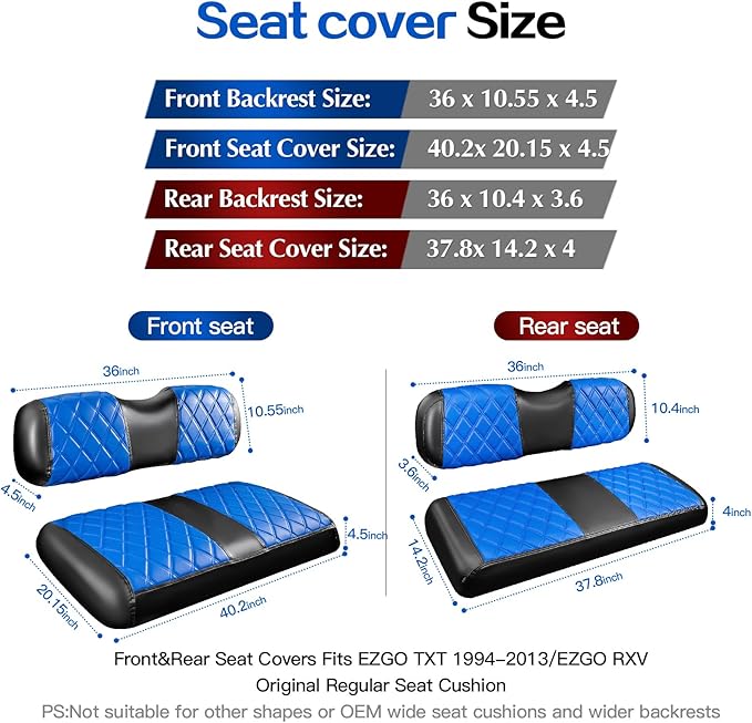NOKINS 4PCS Golf Cart Diamond Seat Covers Kit,Front and Rear Seat Covers for Club Car Precedent/EZGO TXT/Yamaha Original Regular Seat Cushion (Blue and Black, Fit EZGO TXT 1994-2013)